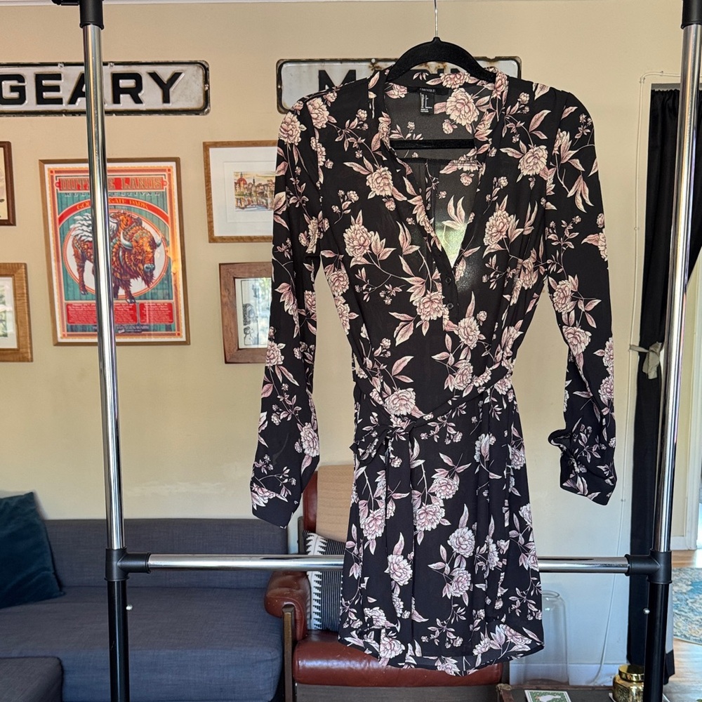 Floral Black and Pink Dress with Tie Belt